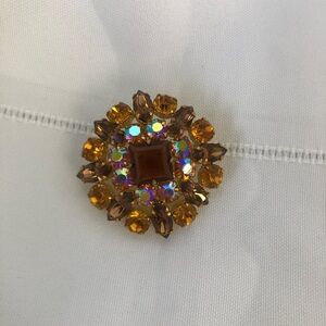 Vtg Amber Rhinestone Brooch